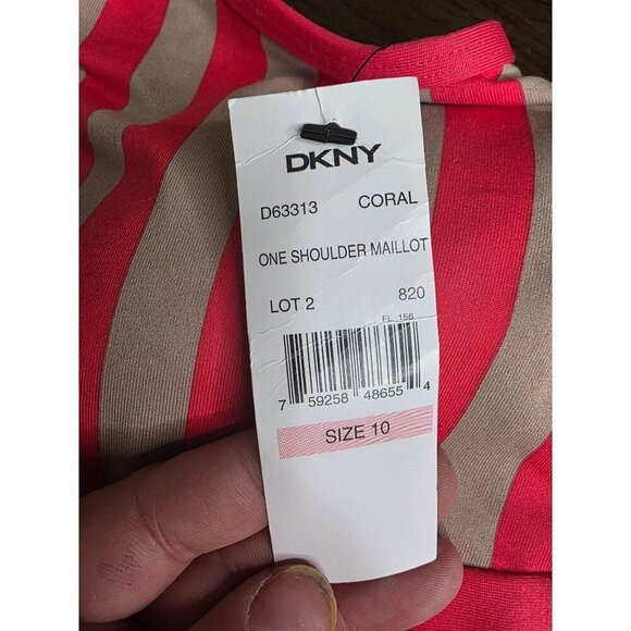DKNY One-Shoulder Coral & Beige Striped Swimsuit Size 10 Nylon/Spandex - Picture 6 of 12